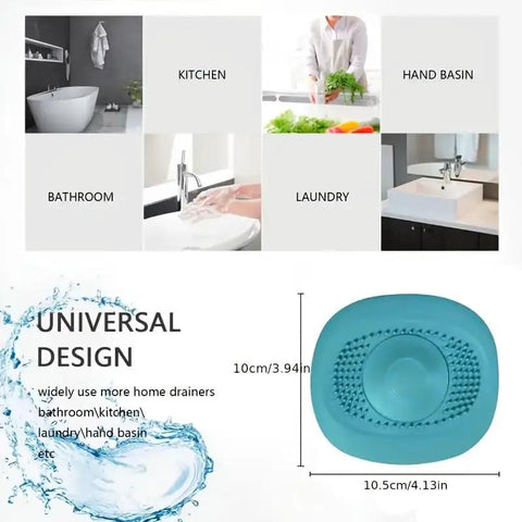 Kick Those Dreadful Sink Clogs To The Curb With This Blue Bathroom Drain Hair Catcher displayed with dimensions and universal design.