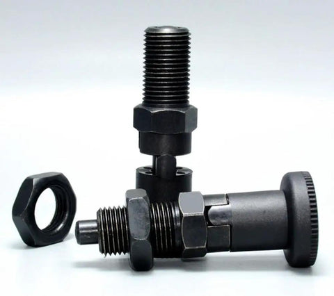 Heavy Duty Bad Boy Grade Carbon Steel Self Locking Ball Nose Spring Plunger Kit With Knurled Lock Nut For No Sweat Positioning And Rock Solid Industrial Fixing M10 components displayed at an angle.