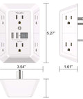 Wall Outlet Extender Surge Protector With Six Wide Spaced Outlets And Four Fast Usb Ports For Dorm Room And Office Gear, flat design, dimensions 5.27 x 3.54 x 1.61 inches.