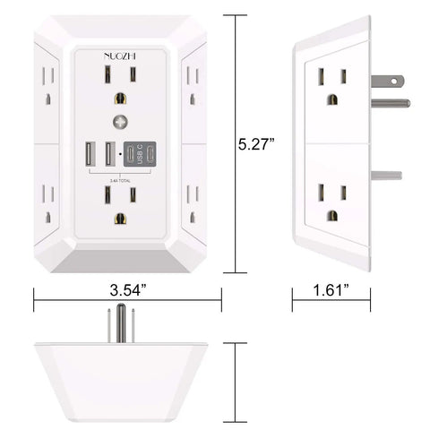 Wall Outlet Extender Surge Protector With Six Wide Spaced Outlets And Four Fast Usb Ports For Dorm Room And Office Gear, flat design, dimensions 5.27 x 3.54 x 1.61 inches.