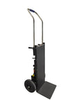 Heavy Duty 1200W Electric Dolly Stair Climber With 800lb Capacity And Folding Telescopic Handle For Moving Furniture And Warehouse Cargo, side view showing handle and wheels.