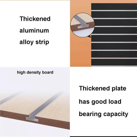 Durable Wood Slat Wall Panels With Pegboard Display Stand For Home Workshop And Garage Organization shown with thickened aluminum strips and high-density board.