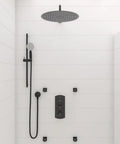 HomeStock Modern Thermostatic Shower System with Separate Temperature & Pressure Controls, Matte Black Finish, overhead and handheld view.