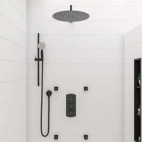 HomeStock Modern Thermostatic Shower System with Separate Temperature & Pressure Controls, Matte Black Finish, overhead and handheld view.