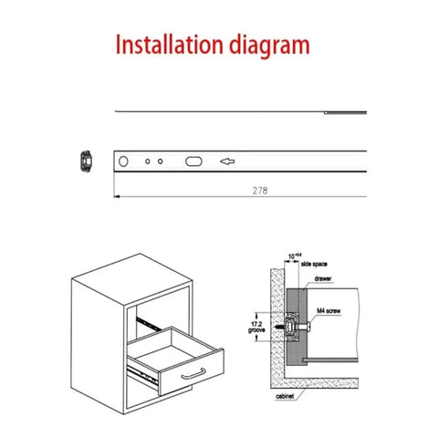 Installation diagram for Heavy Duty Side Mounted Ball Bearing Drawer Slides Two Pack, detailing dimensions and setup.