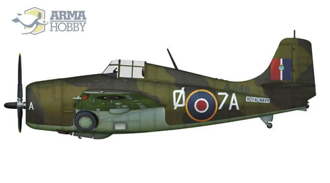 Side view of 1/72 F4F-4 Wildcat Operation Torch Plastic Model Kit Unpainted Assembly Includes Three Decal Options And Painted Mask Sticker For Easy Painting And Custom Build displaying camouflage paint scheme and decal.