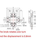 Technical diagram of Workhorse XY Axis Manual Stage Sliding Table 40x40mm with 50mm Max Stroke showing dimensions and knob details.