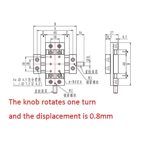 Technical diagram of Workhorse XY Axis Manual Stage Sliding Table 40x40mm with 50mm Max Stroke showing dimensions and knob details.