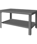 Rugged Shop Beast 14000 Lb Capacity Industrial Workbench With Thick Welded Steel Top And Heavy Bottom Shelf Fully Assembled Ready To Roll For Garage Or Warehouse side view with sturdy legs and lower shelf.