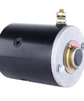 Side view of a 12V hydraulic pump motor, black cylindrical body with silver mounting flange and top stud