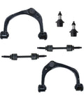 Badass Heavy Duty Front Suspension Assembly With Upper Control Arms Ball Joints Lower Ball Joints Plus Sway Bar Links Drops Right Into Ford F150 2015 To 2020 components laid out, showcasing durable black metal parts.