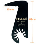 Front view of Hemunc drywall blade for oscillating tools, 85mm long, 27mm wide, black metal with Hemunc logo.