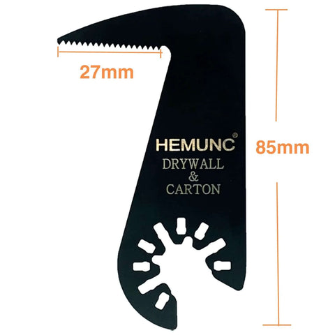 Front view of Hemunc drywall blade for oscillating tools, 85mm long, 27mm wide, black metal with Hemunc logo.