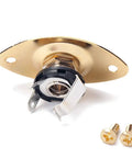 Top Notch Metal Oval Electric Guitar Jack Plate With Included Screws Fits Fender Strat And Tele Models For Super Crisp Tone And Hella Reliable Signal Transfer In Classic Gold. Close-up of gold jack plate with screws.