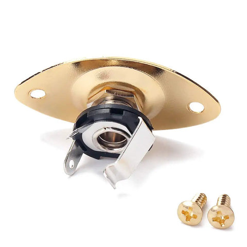 Top Notch Metal Oval Electric Guitar Jack Plate With Included Screws Fits Fender Strat And Tele Models For Super Crisp Tone And Hella Reliable Signal Transfer In Classic Gold. Close-up of gold jack plate with screws.