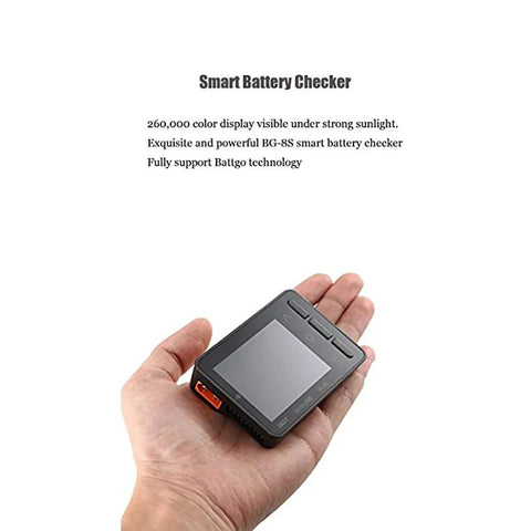 Person holding Smart Battery Checker ICC2010 For RC Folks, BattGO Ready, XT60 And XT60i Support, 2-8S Balancing in hand