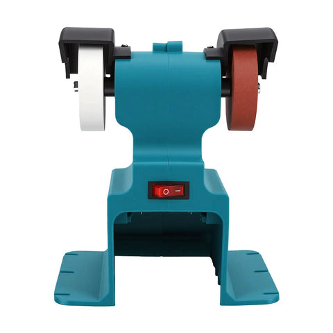 Front view of Badass Cordless Bench Grinder Polisher Kit Loaded With Coarse And Fine Grinding Wheels Battery Driven Copper Motor.