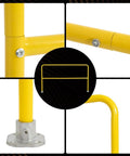 Close-up of Heavy Duty Industrial Safety Railing 72 Long By 42 High Rock Solid Steel Pipe Guardrail with yellow finish and base.