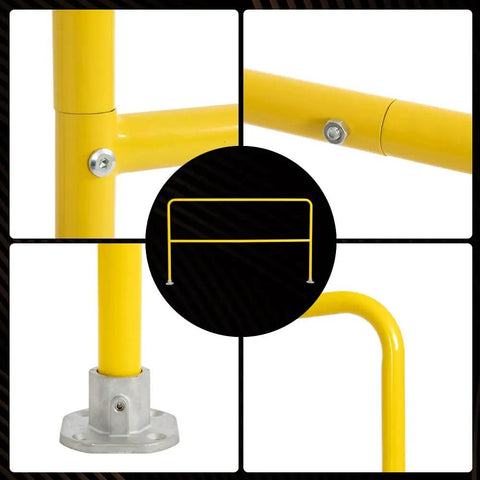 Close-up of Heavy Duty Industrial Safety Railing 72 Long By 42 High Rock Solid Steel Pipe Guardrail with yellow finish and base.