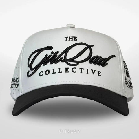 Front view of a white and black cap with logo, not matching 'Performance Trucker Golf Hat Black For Men And Active Lifestyles Breathable Mesh Water Resistant Sweat Proof 5 Panel Running Cap With Adjustable Rope Snapback Lightweight A Frame Gear All Day Comfort' description.