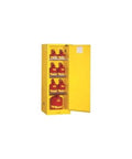 Rock Solid Heavy Duty Flammable Safety Cabinet With Self Closing Steel Door Thirty Six Gallon Capacity Slimline Workshop Storage Rack Featuring Five Sturdy Adjustable Shelves And Built To Handle Anything Yellow with red gas containers inside.