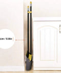 Heavy Duty Standing Broom And Dustpan Combo Set With Adjustable Long Handle upright in corner, 52in tall, space-saving design.