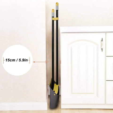 Heavy Duty Standing Broom And Dustpan Combo Set With Adjustable Long Handle upright in corner, 52in tall, space-saving design.