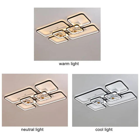 Modern Rectangular Ceiling Fan Lamp With 7 Blades Semi Flush LED Light With Remote Control For Living Room 27.5 Inches Black White warm light view