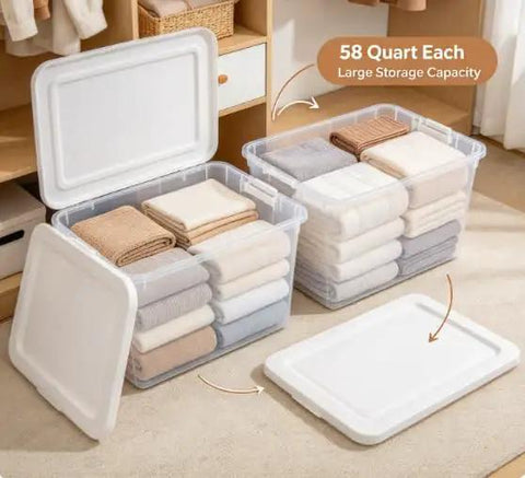 Clear Plastic Storage Containers With Snap Lids 58 Quart Medium Organization Bins with neatly folded towels in a closet.