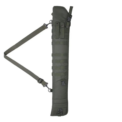 34 Inch Tactical Shotgun Scabbard And Rifle Holster For Shoulder Carry With Ambidextrous PALS Straps D Ring Mount Points And Green 600D Exterior Heavy Duty Modular Mounting Ready For Quick Access In The Field.