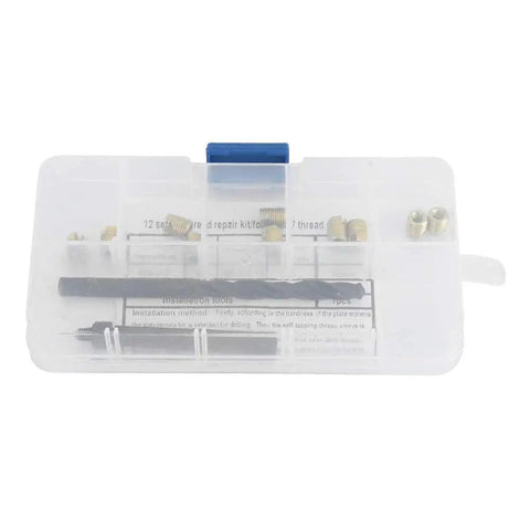 Plastic case containing 12 Piece M4x0.7 Thread Repair Kit With Self Thread Inserts Drill Bit And Installation Tool for repairs.