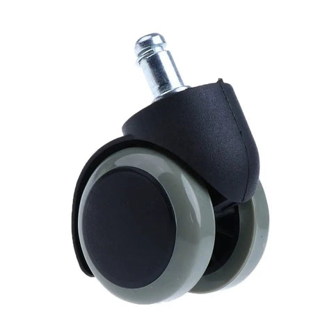Smooth And Silent 2 Inch Universal Replacement Casters For Office Chairs That Glide Like A Dream On Floors With Tough Grey Rubber Swivel Wheels That Are Hardwood Friendly And Super Sturdy. Close-up of a grey rubber caster wheel with swivel mechanism.