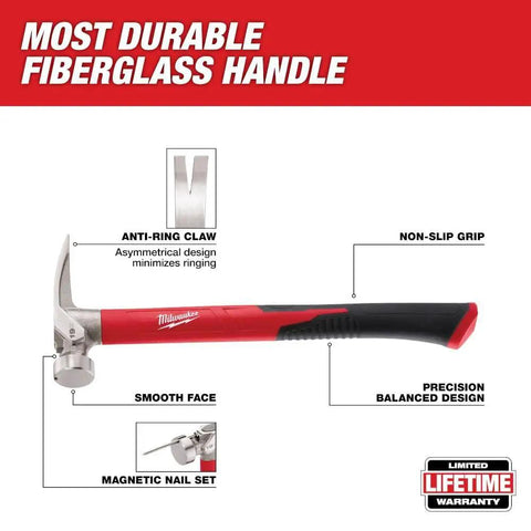 Smooth Poly Fiberglass Hammer With Rubber Overmold Handle 19oz Pro-Grade Workhorse Magnetic Nail Set shown in detail