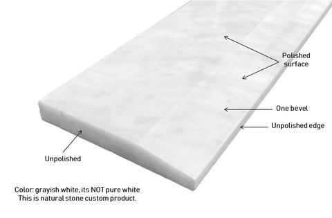 Carrara White Marble Threshold Tile With High Bevel For Hollywood Doorway Dope Look 4x36 Inch Polished Saddle Floor Transition Tile Grey Vein Marble Finish Premium Home Upgrade displaying polished surface, unpolished edge, and natural grey veins