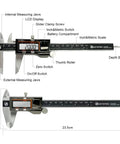 Digital Caliper Measuring Tool Built Tough With IP54 Waterproof Stainless Steel Body 6 Inch 150mm Electronic Vernier Caliper With Large LCD Screen Smooth Sliding Dirt And Oil Proof High Precision For DIY And Pro Use showing measuring jaws, LCD, and controls.