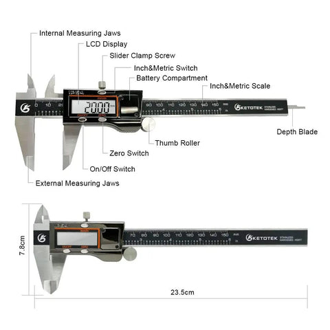 Digital Caliper Measuring Tool Built Tough With IP54 Waterproof Stainless Steel Body 6 Inch 150mm Electronic Vernier Caliper With Large LCD Screen Smooth Sliding Dirt And Oil Proof High Precision For DIY And Pro Use showing measuring jaws, LCD, and controls.