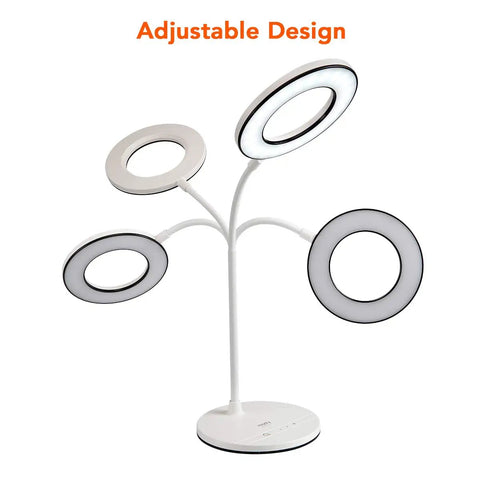 Eye Caring LED Desk Lamp With 3 Color Modes No Glare And Four Brightness Levels Dimmable With Adapter Touch Control And 360 Degree Flexible Neck Ideal For Home Office And Study Desks, showing adjustable design with multiple ring-shaped lights.
