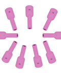 Premium 10-Piece Set Of Ceramic Alumina Gas Lens Cups For TIG Torch Compatible With 54N Stubby Nozzle Welding Gear For High Performance Arc Flow. Pink alumina cups arranged in a circle.