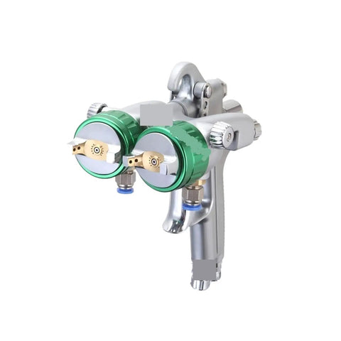 Top Shelf Dual Nozzle Pneumatic Spray Gun Workhorse Air Paint Sprayer with dual tanks and smooth trigger control.