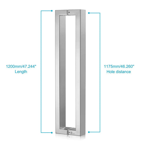 Heavy Duty Commercial Grade 1200mm 48 Inch Stainless Steel 304 Push Pull Door Handle With 1.2mm Thick Wall Square Rectangle Design Mirror Polished Chrome Finish Standoffs And Hex Set Screws For Built To Last Rock Solid Door Hardware, 1200mm length