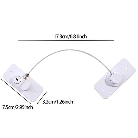 Four Pack Child Safety Locks For Cabinets And Refrigerator Doors Stainless Steel Cable Locks showing dimensions and design.