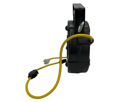 Side view of Heavy Duty 36 Foot Retractable Extension Cord Reel With 12 3 SJTOW Wiring 20 Amp Single Tap Industrial Cord Clear 5 15R And 20R
