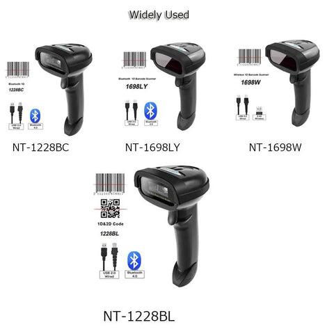 Barcode scanners NT-1228BC, NT-1698LY, NT-1698W, NT-1228BL with Bluetooth, compatible with adjustable barcode scanner stand.