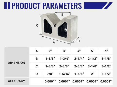 Heavy Duty Cast Iron V Block Set Workhorse For Metalworking, Matched Pair, V Groove 2-1/4 Inch Wide, 1-5/8 Inch Depth, 2-5/8 Inch Length, Machined Square And Parallel For Precision, Distortion Resistant And Built To Last., product dimensions chart