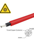 Beefy 20Ft Solar Panel Extension Cable 10 AWG with UV resistant label and copper conductor diagram, Red insulation detail