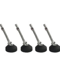Four Pack Heavy Duty Adjustable Leveling Feet With M8 M10 Thread Swivel Base Glide Pads For Tables Cabinets And Machinery No Sweat Setup Rock Solid Hold, showing stainless steel and nylon construction.