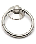Front view of a single silver tone drawer ring pull knob from the Six Piece Silver Tone Drawer Ring Pull Knob Set Includes Screws Two Inch Total Length Ring Diameter About One And Three Quarter Inches Three Millimeter Mounting Hole Metal Cabinet Handles For Dresser Drawers