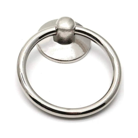 Front view of a single silver tone drawer ring pull knob from the Six Piece Silver Tone Drawer Ring Pull Knob Set Includes Screws Two Inch Total Length Ring Diameter About One And Three Quarter Inches Three Millimeter Mounting Hole Metal Cabinet Handles For Dresser Drawers
