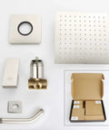 Brushed Nickel Rain Shower Head Kit With Wall Mounted Trim, Single Handle Valve, 304 Stainless Steel, components displayed