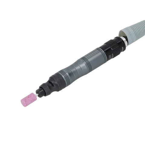 Mini Air Die Grinder Kit With Pneumatic Grinding Tool And Two Collets Spinning 70000 Rpm High Precision In A Compact Frame close-up of the tool with grinding bit.